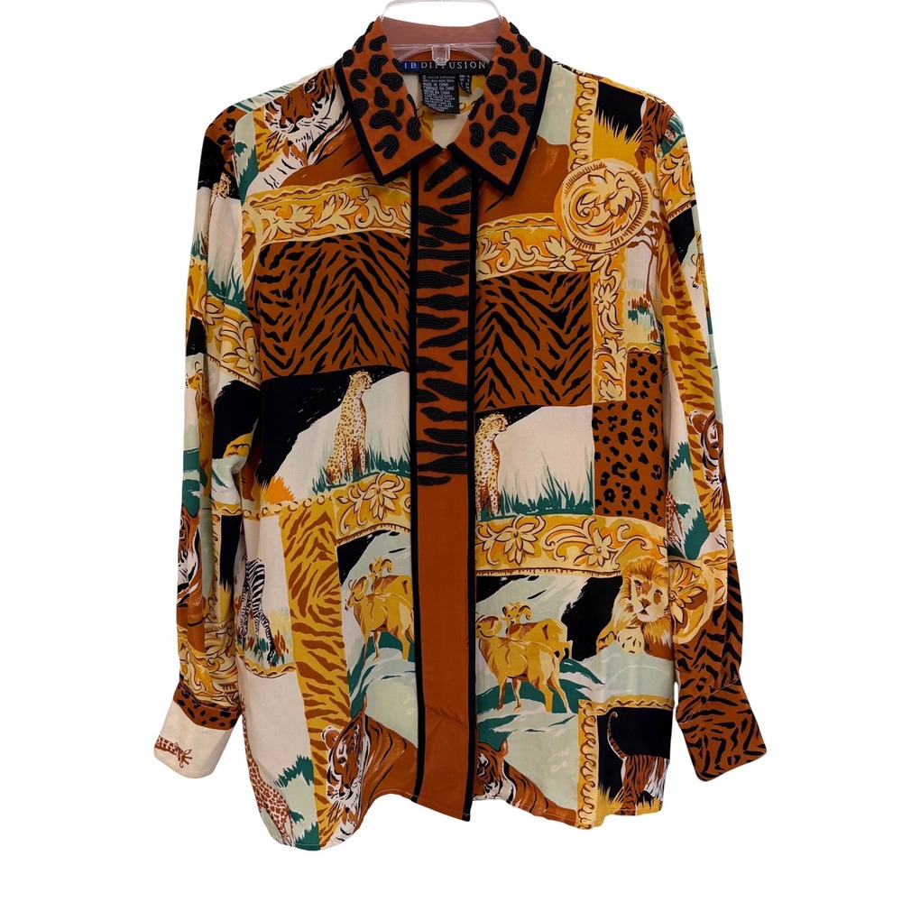 Vintage IB Diffusion 100% Silk Safari Animal Patchwork Baroque Print Beaded 4
